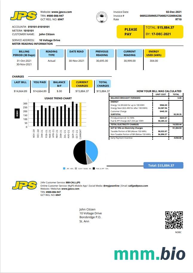 Jamaica Public Service Firma Limited (JPS) szablon rachunku za energię elektryczną w formacie Word i PDF